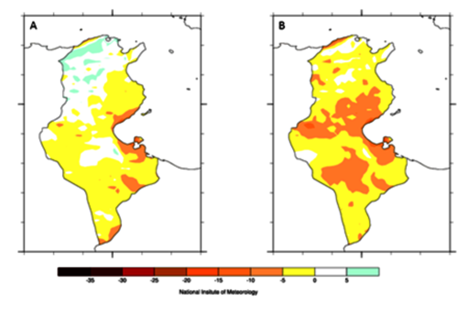 Evolution des précipitations (en %) à l'horizon 2050 (A) et à l'horizon 2100 (B) avec le scénario RCP 4.5 (Source : INM)