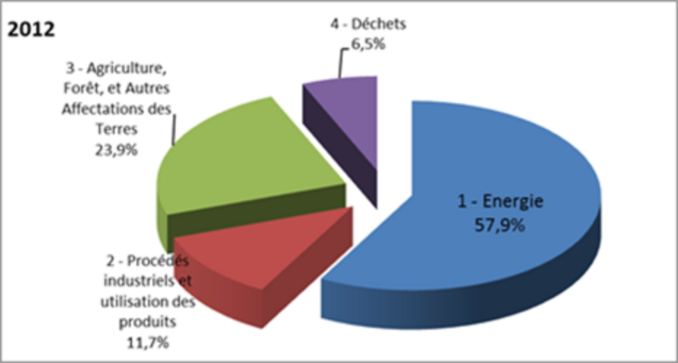 Répartition des émissions brutes de GES directs de la Tunisie par source en 2012 (%)