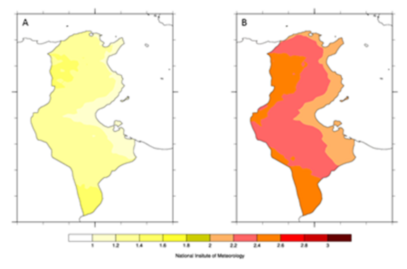 Evolution de la température moyenne annuelle (en °C) à l'horizon 2050 (A) et à l'horizon 2100 (B) avec le scénario RCP 4.5 (Source : INM)